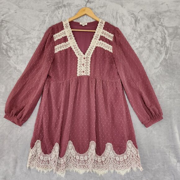 Umgee Dress Womens Large Crotched Lace Puff Sleeve Babydoll Mini Swiss Dot - Picture 5 of 10